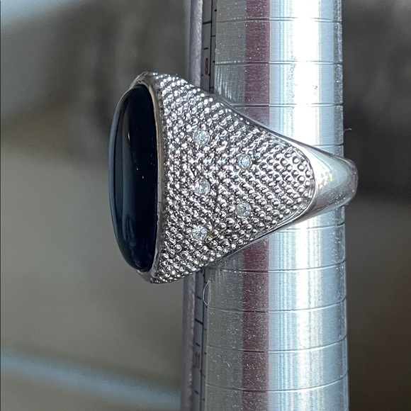 Silver Ring with Black Stone With Small Rhinestones At The Sides.  Size 9 - Picture 5 of 12